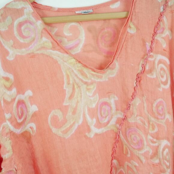 100% Linen Tunic XL Beachy Boho Patchwork Peach Asymmetric Lagenlook THIN WORN - Picture 3 of 12